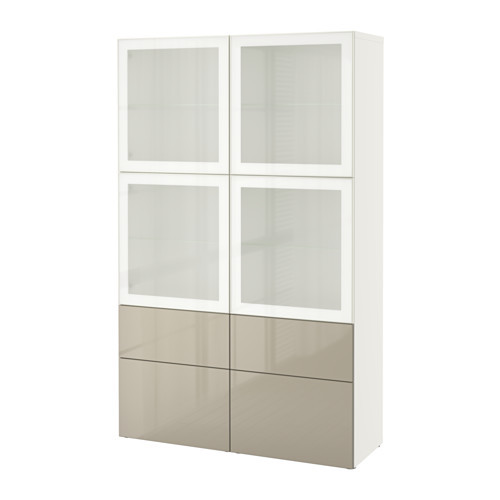 BESTÅ Storage combination w/glass doors, white, Selsviken high gloss/beige frosted glass - 790.901.54