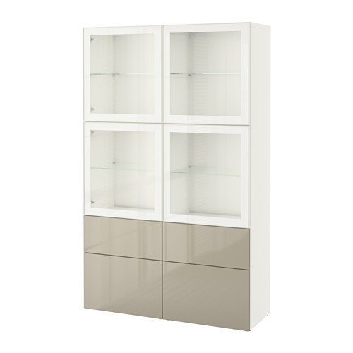 BESTÅ Storage combination w/glass doors, white, Selsviken high gloss/beige clear glass - 390.901.51
