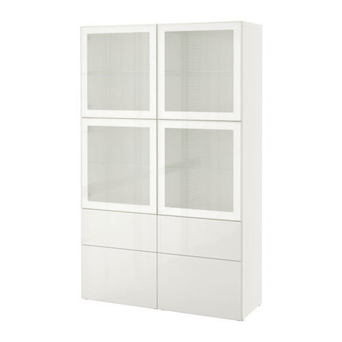 BESTÅ Storage combination w/glass doors, white, Selsviken high-gloss/white frosted glass - 690.901.64