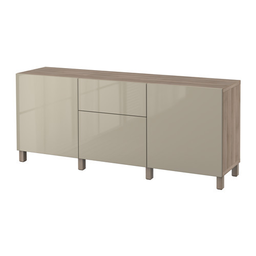 BESTÅ Storage combination with drawers, walnut effect light gray, Selsviken high-gloss/beige - 390.896.90