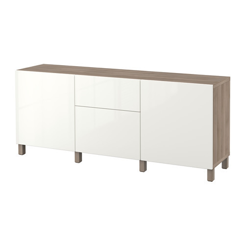 BESTÅ Storage combination with drawers, walnut effect light gray, Selsviken high-gloss/white - 490.894.92