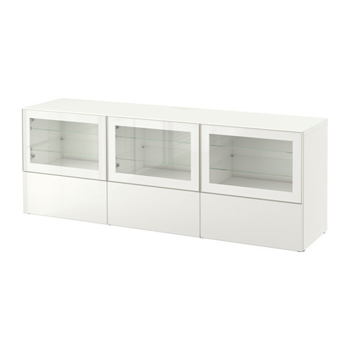BESTÅ TV bench with doors and drawers, white, Selsviken high gloss/white clear glass - 190.852.97