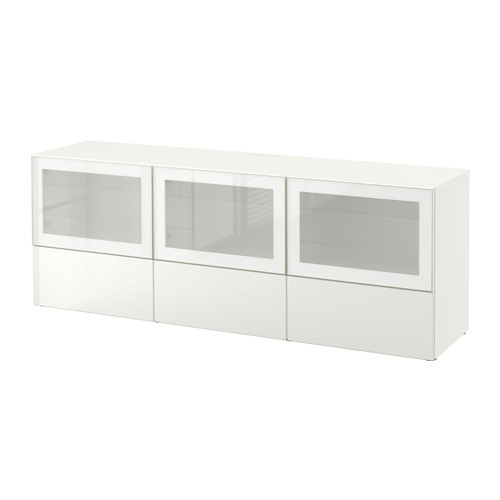 BESTÅ TV bench with doors and drawers, white, Selsviken high-gloss/white frosted glass - 390.841.74