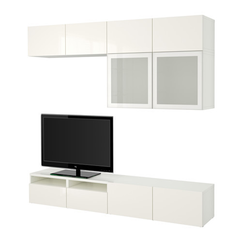 BESTÅ TV storage combination/glass doors, white, Selsviken high-gloss/white frosted glass - 590.814.62