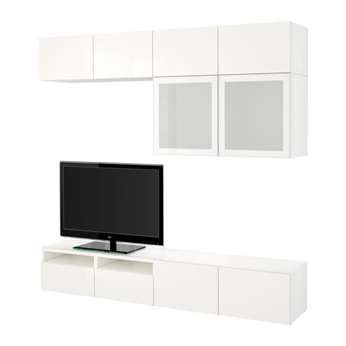 BESTÅ TV storage combination/glass doors, white, Selsviken high-gloss/white frosted glass - 090.986.86
