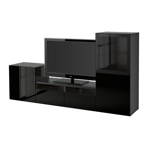BESTÅ TV storage combination/glass doors, black-brown, Selsviken high gloss/black clear glass - 290.636.24