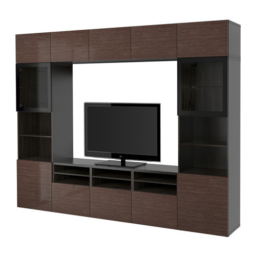 BESTÅ TV storage combination/glass doors, black-brown, Selsviken high gloss/brown clear glass - 890.880.23