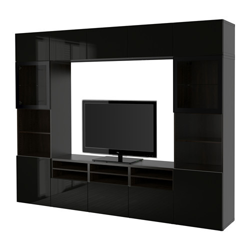 BESTÅ TV storage combination/glass doors, black-brown, Selsviken high gloss/black clear glass - 090.880.17