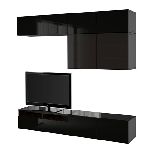 BESTÅ TV storage combination/glass doors, black-brown, Selsviken high gloss/black smoked glass - 890.986.68