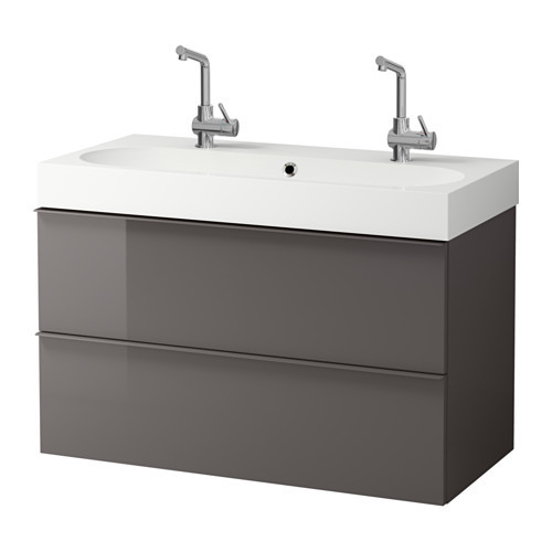 GODMORGON /
BRÅVIKEN Sink cabinet with 2 drawers, high gloss gray - 199.035.32