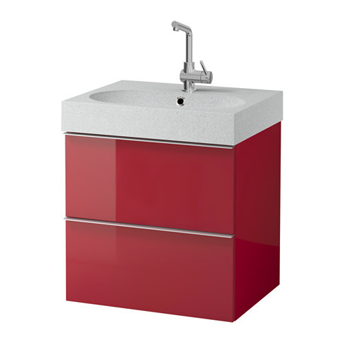 GODMORGON /
BRÅVIKEN Sink cabinet with 2 drawers, high gloss red, light gray - 190.054.13