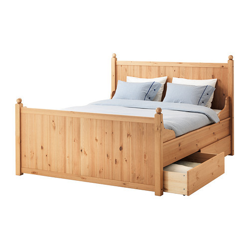 HURDAL Bed frame with 4 storage boxes, light brown, Luröy - 690.272.81