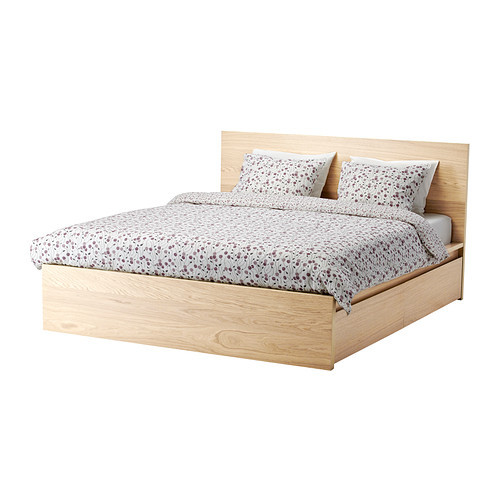 MALM High bed frame/4 storage boxes, white stained oak veneer, Lönset - 891.296.36