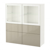 BESTÅ Storage combination w/glass doors, white, Selsviken high gloss/beige clear glass - 990.899.70