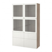 BESTÅ Storage combination w/glass doors, walnut effect light gray, Selsviken high-gloss/white frosted glass - 690.900.60