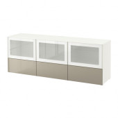 BESTÅ TV bench with doors and drawers, white, Selsviken high gloss/beige frosted glass - 390.841.69