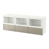 BESTÅ TV bench with doors and drawers, white, Selsviken high gloss/beige clear glass - 990.852.84