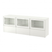 BESTÅ TV bench with doors and drawers, white, Selsviken high gloss/white clear glass - 190.852.97