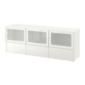 BESTÅ TV bench with doors and drawers, white, Selsviken high-gloss/white frosted glass - 890.852.94