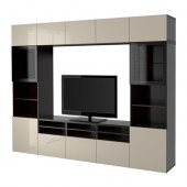 BESTÅ TV storage combination/glass doors, black-brown, Selsviken high gloss/beige clear glass - 591.234.62