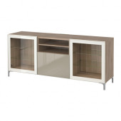 BESTÅ TV unit with drawers, walnut effect light gray, Selsviken high gloss/beige clear glass - 890.831.34